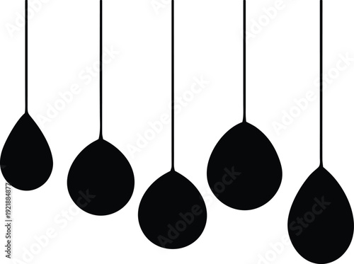 Five black teardrop shapes hanging from strings in a row Vector