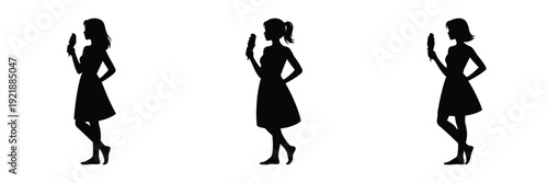 Woman Eating Ice Cream Silhouette Vector Set – Summer Dessert Illustration of Female in Dress Holding Ice Cream Cone, Sweet Treat, and Vacation Relaxation Design