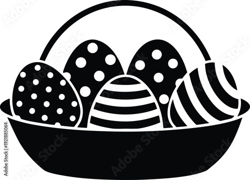 A black and white illustration of a basket filled with various patterned eggs. Vector