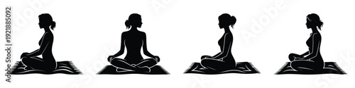 Woman Meditating Silhouette Vector Set – Yoga and Relaxation Illustration for Summer Wellness, Beach Meditation, Mindfulness, and Peaceful Lifestyle Design