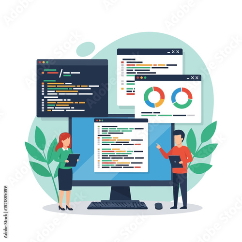 Software developers collaborating on code and data analysis on a computer screen