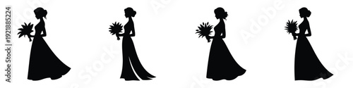 Bride Silhouette Vector Set – Elegant Woman in Wedding Dress with Bouquet Illustration for Summer Wedding, Romantic Celebration, and Bridal Design