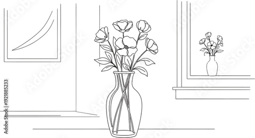 A black and white sketch of a vase with flowers isolated on transparent background