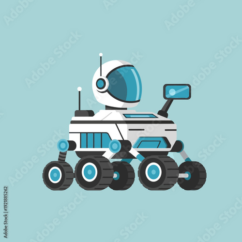 Futuristic robot rover with astronaut helmet, exploring space on wheels, science fiction concept art