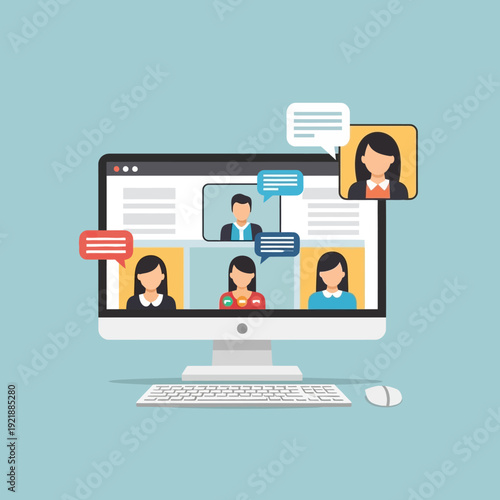 Online meeting on computer screen with video conference participants and chat bubbles