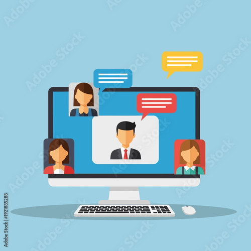 Online video conference call with diverse people communicating via chat bubbles on a computer screen