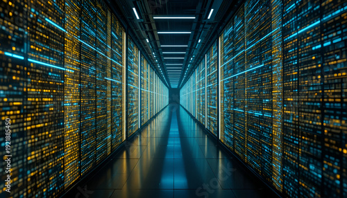 Modern data center corridor with glowing blue and yellow servers