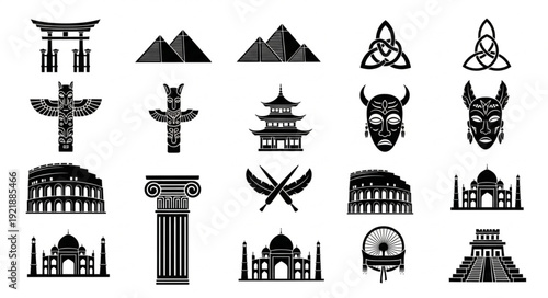 Collection of famous landmarks and cultural symbols vector icons.