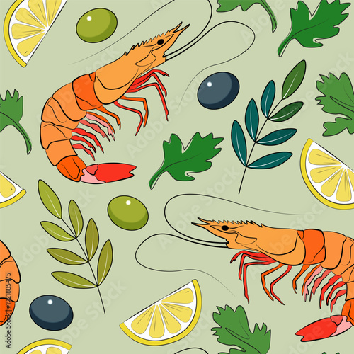 Shrimps with olives and lemon seamless pattern on green background. Boiled orange shrimp. Food menu design. Bright art. Seafood, marine life, flat drawing style, vector illustration.