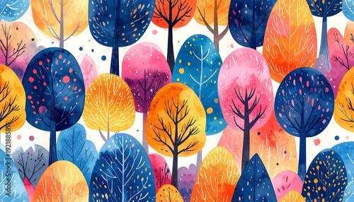 Vivid watercolor tree pattern in blues, oranges, yellows, pinks, and purples against a light background