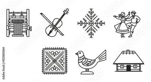 Collection of traditional folk art symbols and objects.