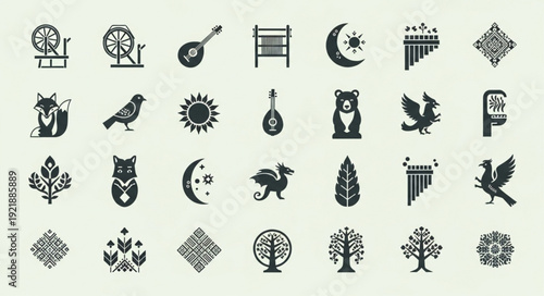 Collection of Stylized Folk Art Icons and Symbols.