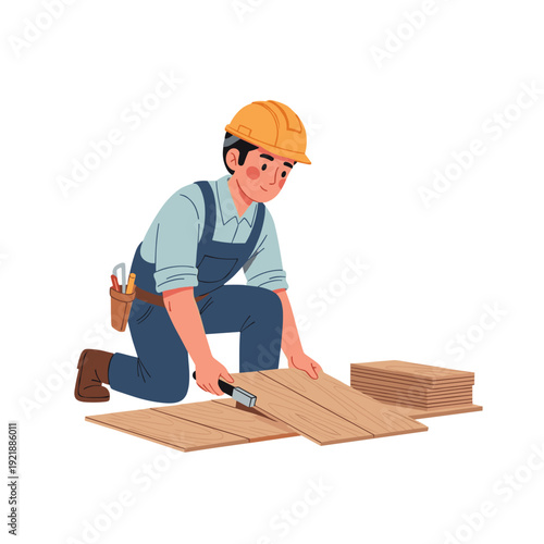 Construction worker installing laminate flooring boards during renovation
