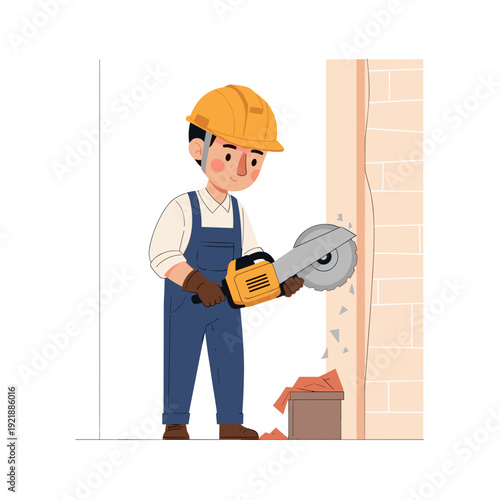 Construction worker cutting wall groove for electrical wiring installation