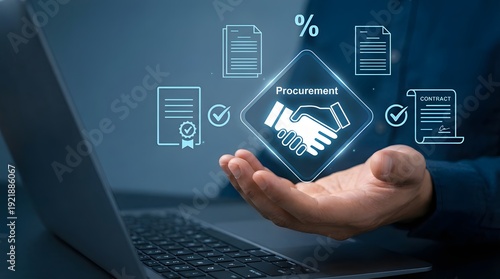 Business professional holding procurement icon with digital supply chain and e-commerce elements on laptop screen