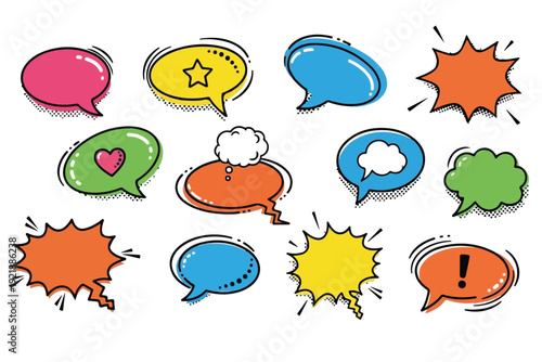 Colorful comic speech bubbles on white background
