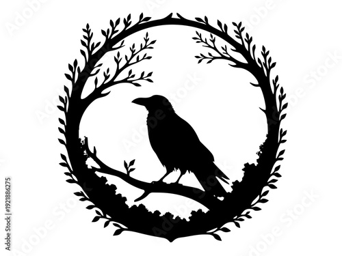 Ein Rabe sitzt auf einem Ast vor einem Nebelkreis. Mystisch und leicht düster.KI Generiert