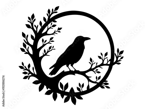 Ein Rabe sitzt auf einem Ast vor einem Nebelkreis. Mystisch und leicht düster.KI Generiert