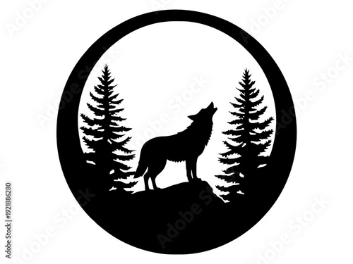 Ein stehender Wolf vor einer großen Vollmondscheibe mit dezenten Bäumen. Mystisch und naturverbunden.KI Generiert