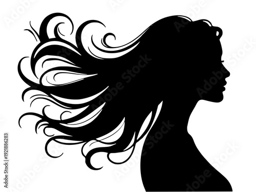 Seitenprofil einer Frau, deren Haare in fließende Linien übergehen. Künstlerisches, emotionales Motiv mit weichen Formen.KI Generiert