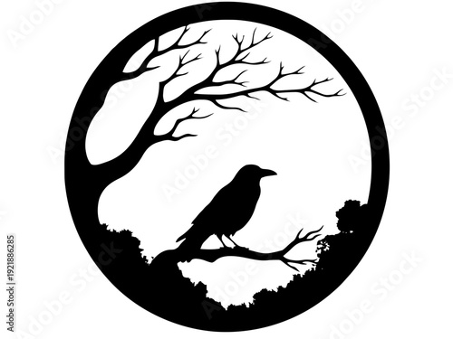 Ein Rabe sitzt auf einem Ast vor einem Nebelkreis. Mystisch und leicht düster.KI Generiert