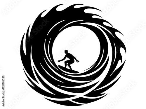 Ein Surfer fährt durch eine geschlossene Wellenröhre. Dynamisches Küstenmotiv mit runder Gesamtkomposition.KI Generiert