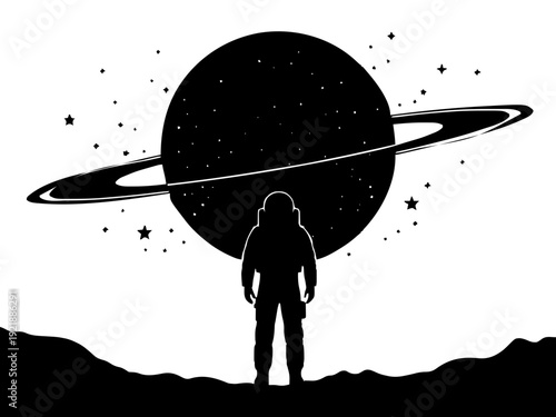 Ein Astronaut steht vor einer großen Planetenscheibe mit Sternen. Futuristisch und cineastisch.KI Generiert