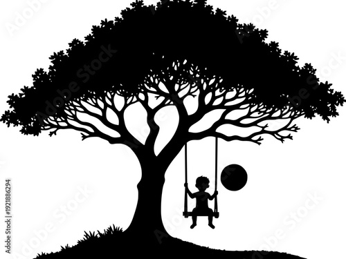 Ein Kind schaukelt unter einem Baum mit Mond im Hintergrund. Nostalgisches, emotionales Familienmotiv.KI Generiert