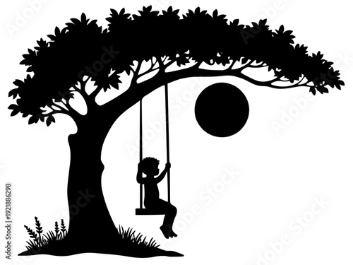 Ein Kind schaukelt unter einem Baum mit Mond im Hintergrund. Nostalgisches, emotionales Familienmotiv.KI Generiert