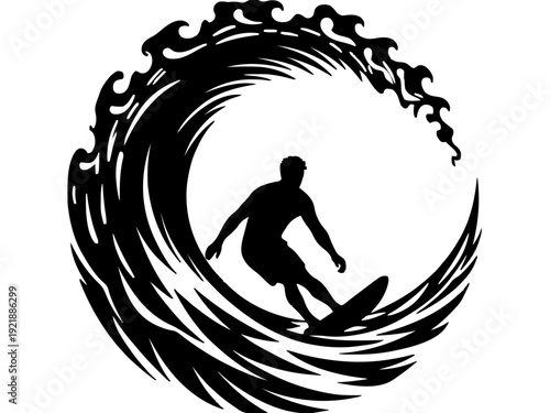 Ein Surfer fährt durch eine geschlossene Wellenröhre. Dynamisches Küstenmotiv mit runder Gesamtkomposition.KI Generiert