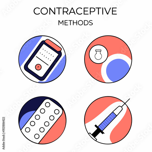 Contraceptive methods illustrated with icons on modern background  