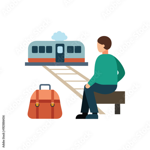 Man sitting on bench waiting for train with luggage beside him on platform