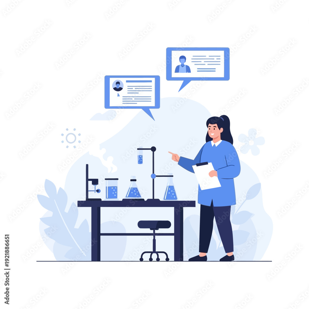 Fototapeta premium Scientist in lab coat pointing at equipment, research and development, healthcare, science