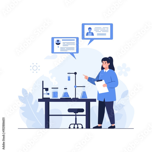 Scientist in lab coat pointing at equipment, research and development, healthcare, science
