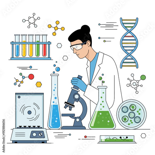 Scientist in lab coat examines sample under microscope, DNA helix, test tubes, research concept
