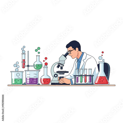Scientist in lab coat using microscope with colorful chemical solutions in beakers and test tubes