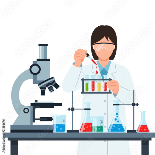Scientist in Lab Coat Working with Microscope and Test Tubes in Laboratory