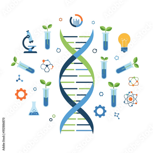 DNA helix with scientific research icons, symbolizing biotechnology and genetic engineering.