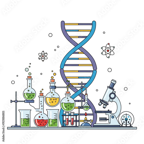 DNA helix, microscope, and lab equipment, symbolizing science, research, and biotechnology