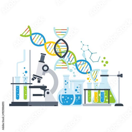 DNA helix, microscope, and lab equipment, science research concept