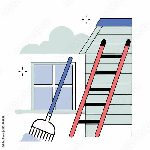 Cleaning tools beside house with ladder and window in blue sky  
