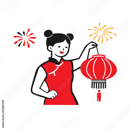 Hand-drawn illustration. A girl celebrates Chinese New Year with a festive balloon. This illustration is not AI-generated.