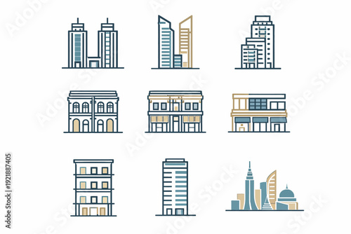 Collection of Diverse Building Icons Representing Urban Architecture and Cityscapes