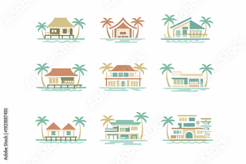 Collection of vibrant vector icons depicting diverse tropical resort buildings, overwater bungalows, and modern beach homes
