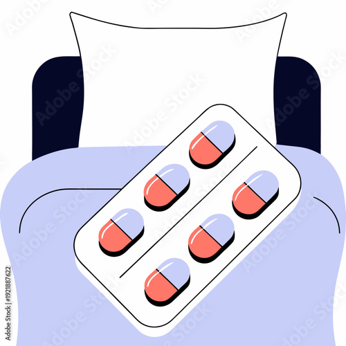 Pack of medication pills on bed with white pillow and blanket  