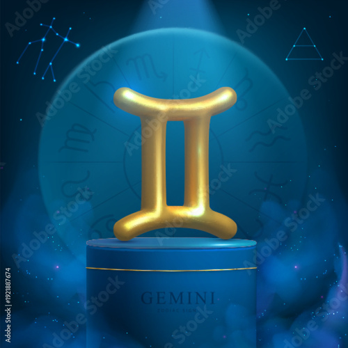 Magic blue showcase background with 3d podium and golden astrology Gemini zodiac sign. Astrology wheel. Vector illustration
