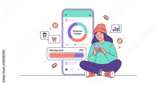 Digital Financial Management Illustration Woman Budgeting and Tracking Expenses via Mobile App
