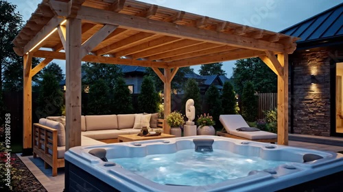Elegant backyard oasis featuring a modern hot tub spa and a custom wooden pergola. Illuminated outdoor living space with cozy patio furniture and ambient led lighting