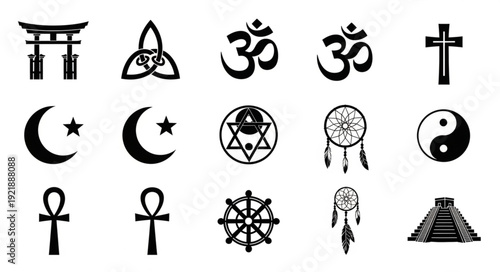 Collection of Diverse Religious and Spiritual Symbols Icons.