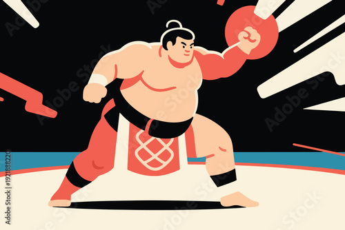 Illustration Of A Sumo Wrestler Wearing Traditional Sumo Attire Practicing At A Sumo Gym Vector Design Template